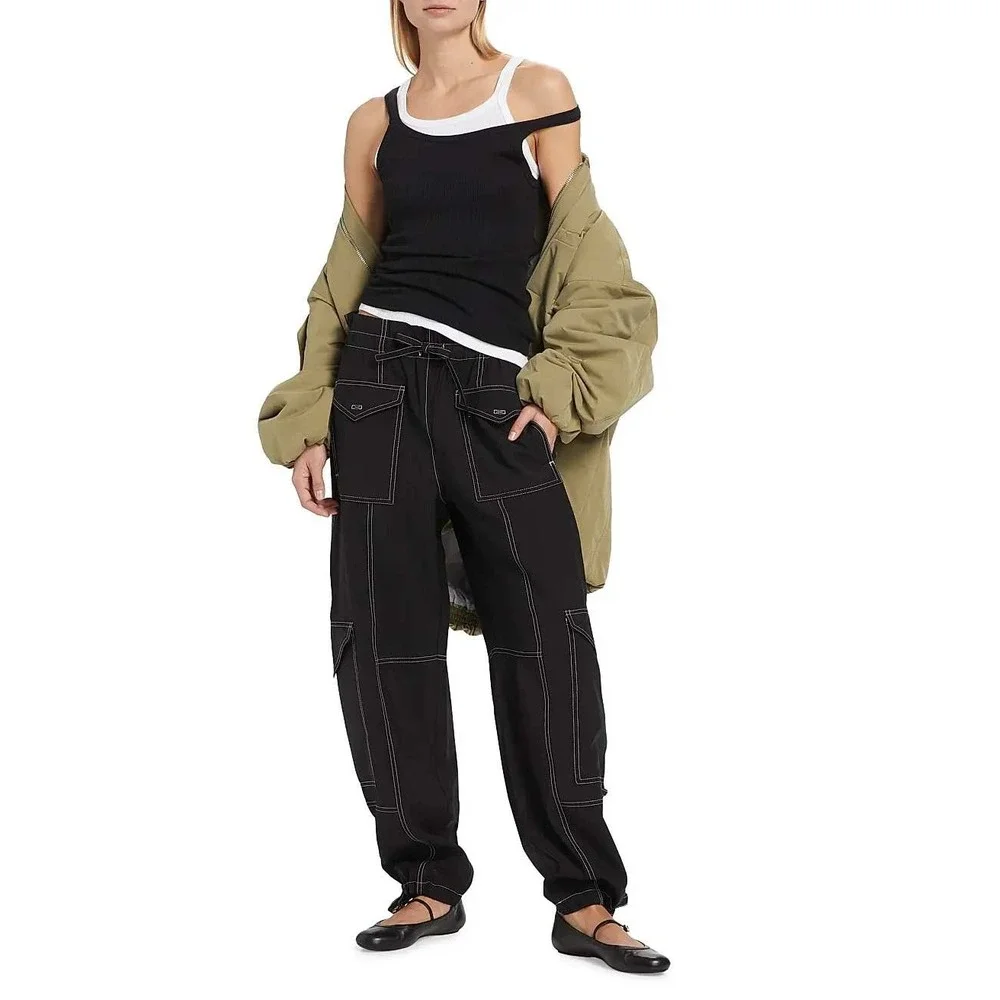 Ganni Wide-Leg Drawstring Cargo Pants Black Contrast Stitch Size 34 Utility